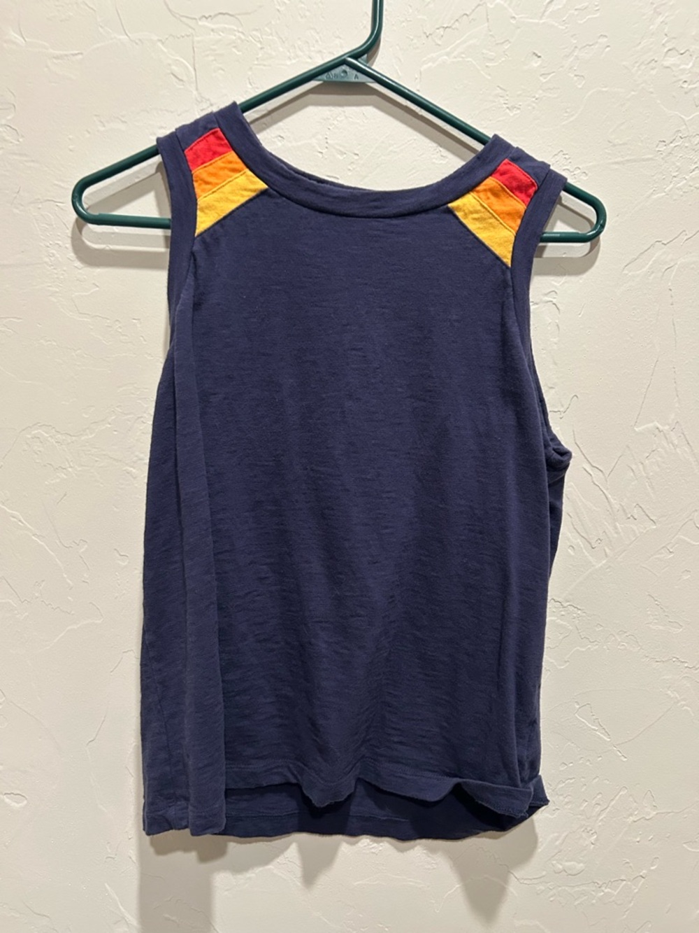 Evereve Navy Top with Red and Yellow Shoulder Accents